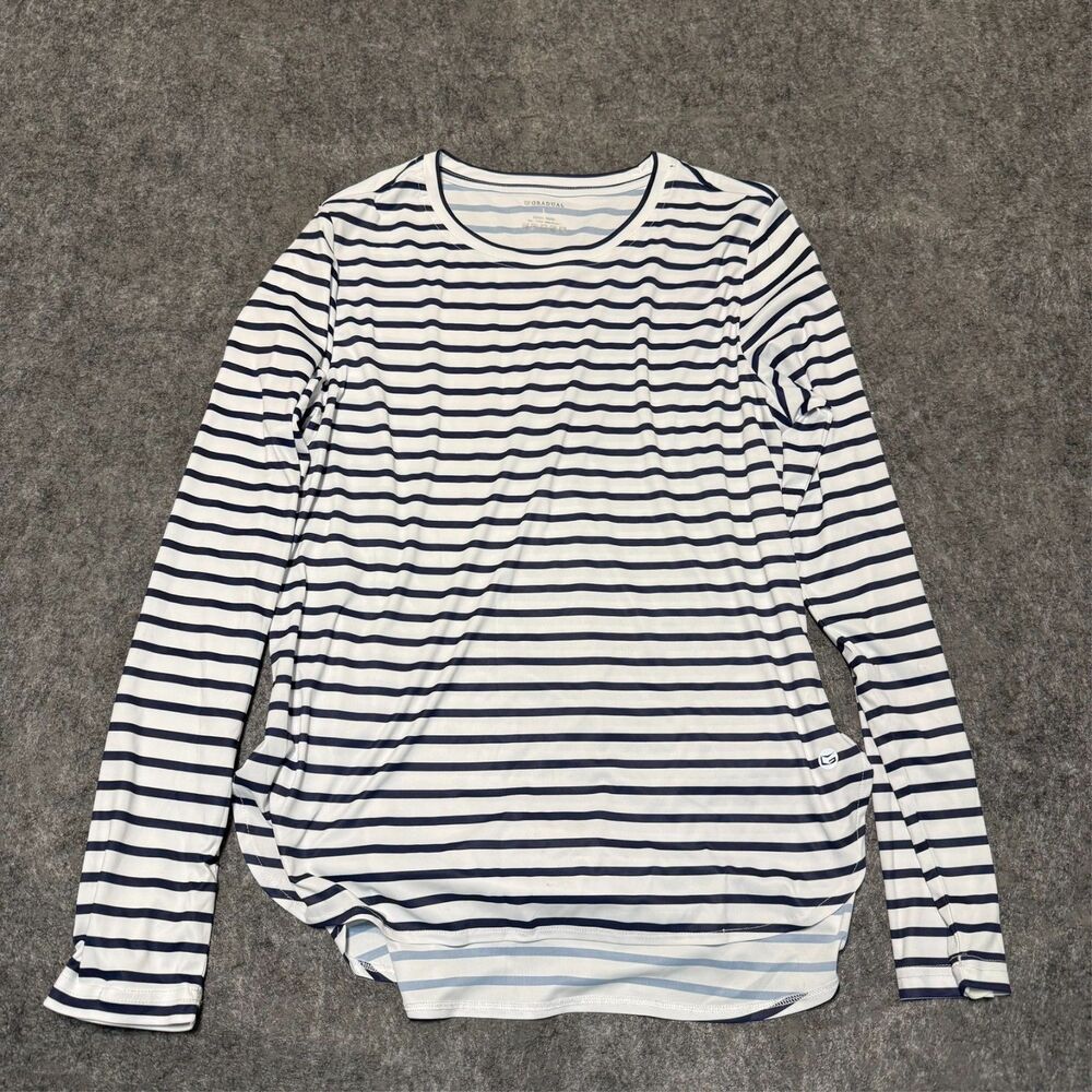 Gradual Womens T-Shirt Top Size L White Blue Striped Long Sleeve Crew Neck